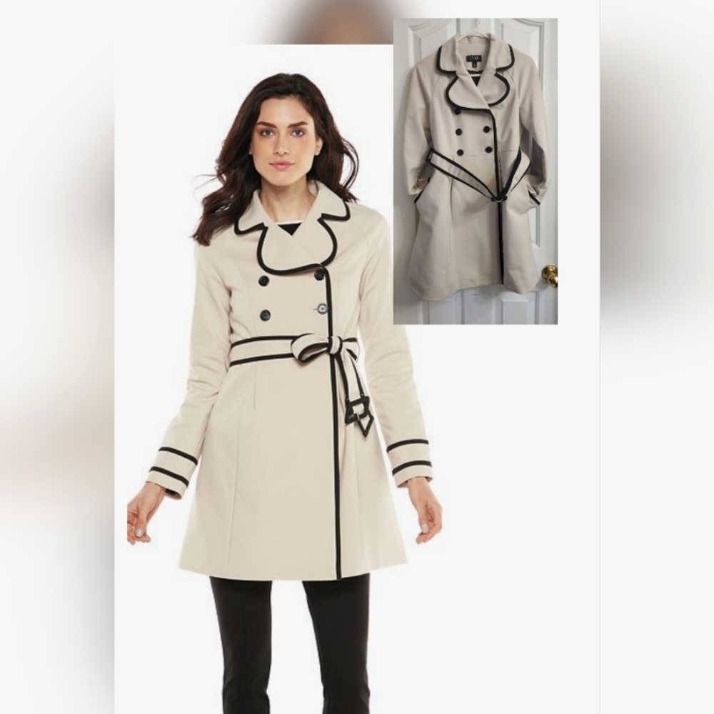 Elle- Natural Stone, Black Trim Trench Coat W/Belt Coat